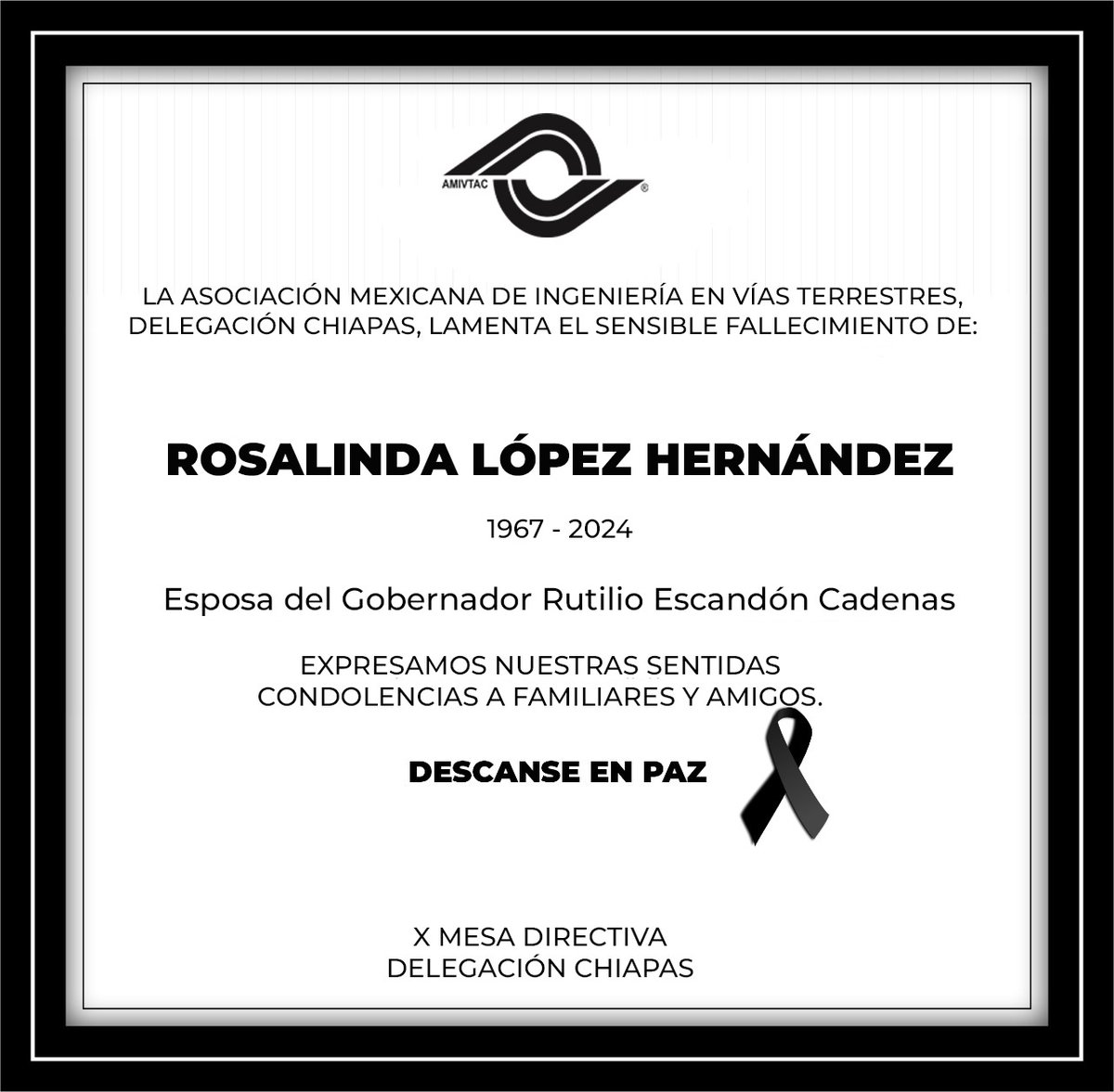 AMIVTAC_Chiapas's tweet image. La X mesa directiva de Amivtac Chiapas lamenta  profundamente el fallecimiento de la contadora Rosalinda López Hernández, esposa del Gobernador Rutilio Escandón Cadenas.
"Hoy y siempre que los recuerdos de amor le traigan paz, consuelo y fuerza" 

Descanse en Paz.