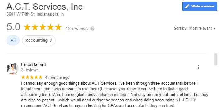 ACTServicesInc's tweet photo. It's always great to receive positive reviews from long-time, satisfied clients! 

Looking for a new CPA or tax services team?  Connect with A.C.T. Services!

https://t.co/j9hjZdJrVn  #Indianapolis #OutsourcedAccounting #SageIntacct #TaxServices #CPA https://t.co/at2QOkEMWQ
