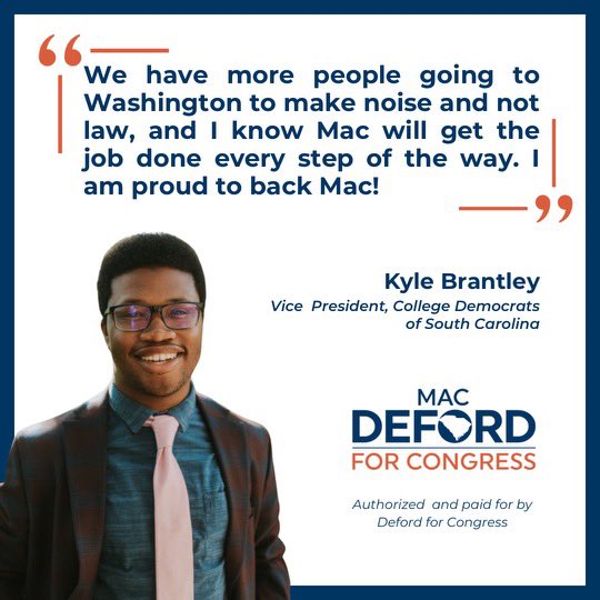 MacDeford's tweet photo. We’re proud to have the support of young leaders like Kyle! As Senator Robert F. Kennedy, Sr. said of young people, “They have the least ties to the past, and the greatest stake in the future.” Thank you for your support @KyleBrantley7! #SC01 #defordforcongress #BackMac https://t.co/bad2wIvMDq