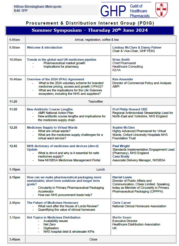 The next GHP Procurement and Distribution Interest Group (PDIG) Symposium is on 20th June in Birmingham. Final programme below. Registration is closing 14th June so still time to register if not already. It is going to be a great event!:    ghp.org.uk/pdig/ <a href="/GHPPharmacy/">The Guild of Healthcare Pharmacists</a>
