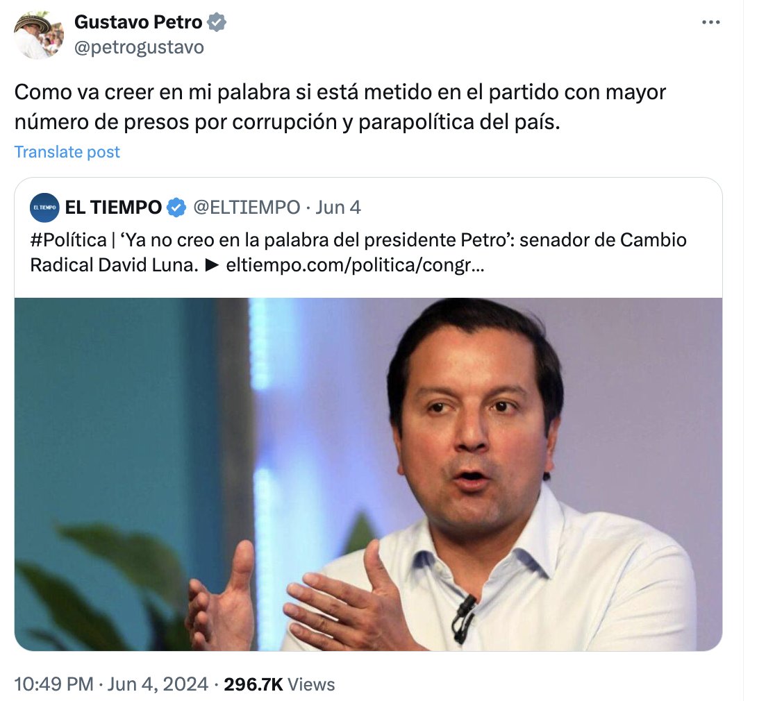 andresmelocou's tweet image. Estoy de acuerdo, el senador Luna se equivoca. 

Es: 

"Colombia mayoritaria no cree en la palabra del presidente Petro."

#ErrarEsHumano 👊🇨🇴