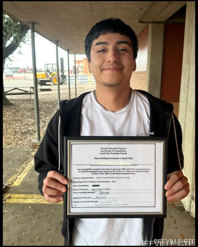 Beeville CTE Law Enforcement student Roman passed the Texas Department of Public Safety Non-Commissioned Security Officer Level II industry training and exam during the 2023-24 school year!  Congratulations on your success and this important step toward your future!
