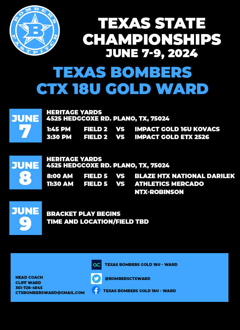 BombersCtxWard's tweet photo. Looking forward to getting out on the fields with this talented group at the Texas State Championship this weekend. Come check out these amazing girls! #bombers #fastpitch https://t.co/wuOGjdsi2j