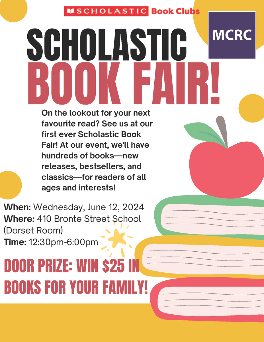 We are having our first ever Scholastic Book Fair on June 12th from 12:30 - 6pm at our 410 Bronte Street location. We'll have hundreds of books for readers of all ages and interests, be sure to stop by!