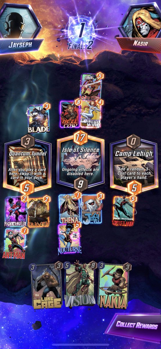 JaysephBlyth's tweet photo. @MARVELSNAP can you help me work out why my Thena wasn’t being powered up here? Is it because I was playing my 2 cards each turn on Quantum Tunnel and so they were being counted as more than 2? Or is it secretly an Ongoing effect which was scuppered by Isle of Silence? https://t.co/S9zcbiGE25
