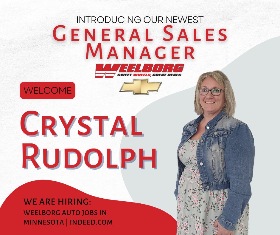 WeelborgChevy's tweet photo. We are very excited to introduce Crystal Rudolph, our General Sales Manager!
Please help us welcome her to the Weelborg Chevrolet of New Ulm team!

#WeelborgChevroletofNewUlm #Welcome #NewEmployee https://t.co/Uy9LiL28My