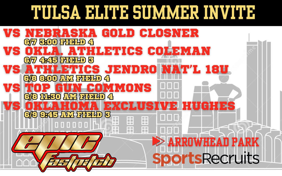 EpicArkansas's tweet photo. We are headed to Tulsa!!! Stop by Arrowhead Park and catch a game! @Epic__SB @RiverHawksSB @UCOSoftball @UCMJensSoftball @KWUSoftball @BCCSoftball @CCRoughridersSB @GoJacksSB @QrRecruiter https://t.co/XVSAw4HuCC