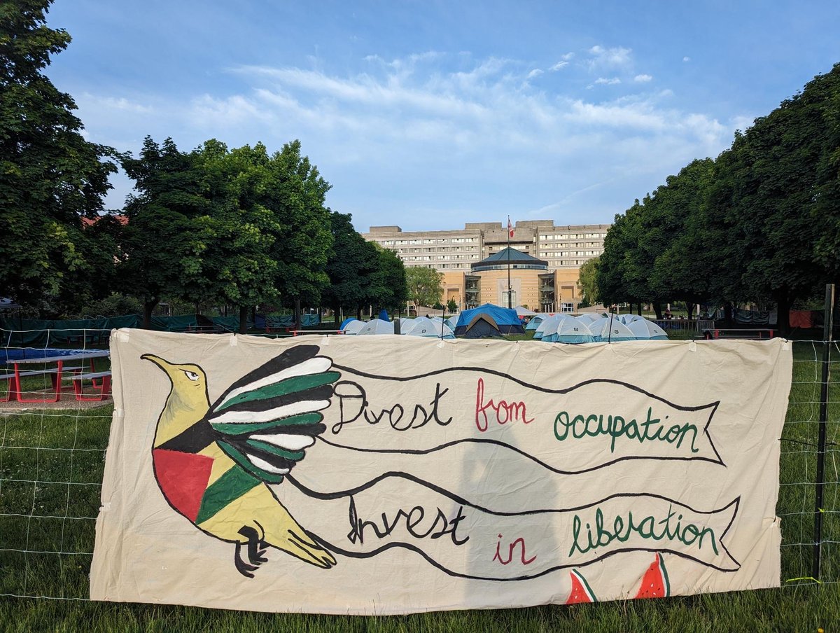 Photo of a banner with a bird and text "Divest from occupation, invest in liberation." The banner is hanging in front of an encampment with tents on a lawn at dawn with a university building in the background.