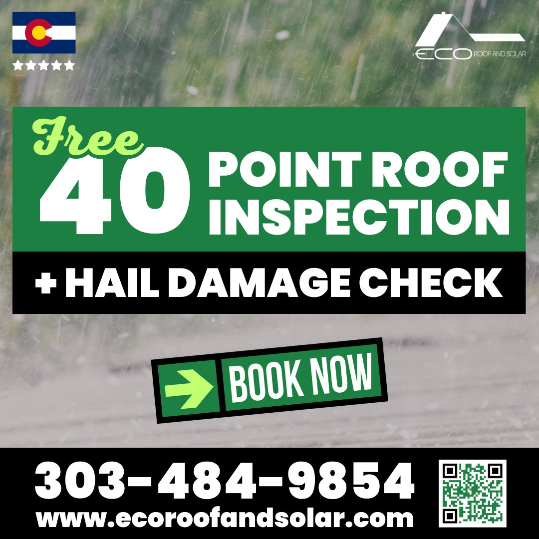 ecoroofandsolar's tweet photo. Book our comprehensive 40 Point Roof Inspection for peace of mind following last week's major hail storm:
303-484-9854 | https://t.co/Jbbx4IyvHI
Any Type of Roof: Residential &amp; Commercial
#Denver #Colorado #HailStorm #RoofInspection #HailDamage #FreeInspection https://t.co/v0VVl3jnsJ