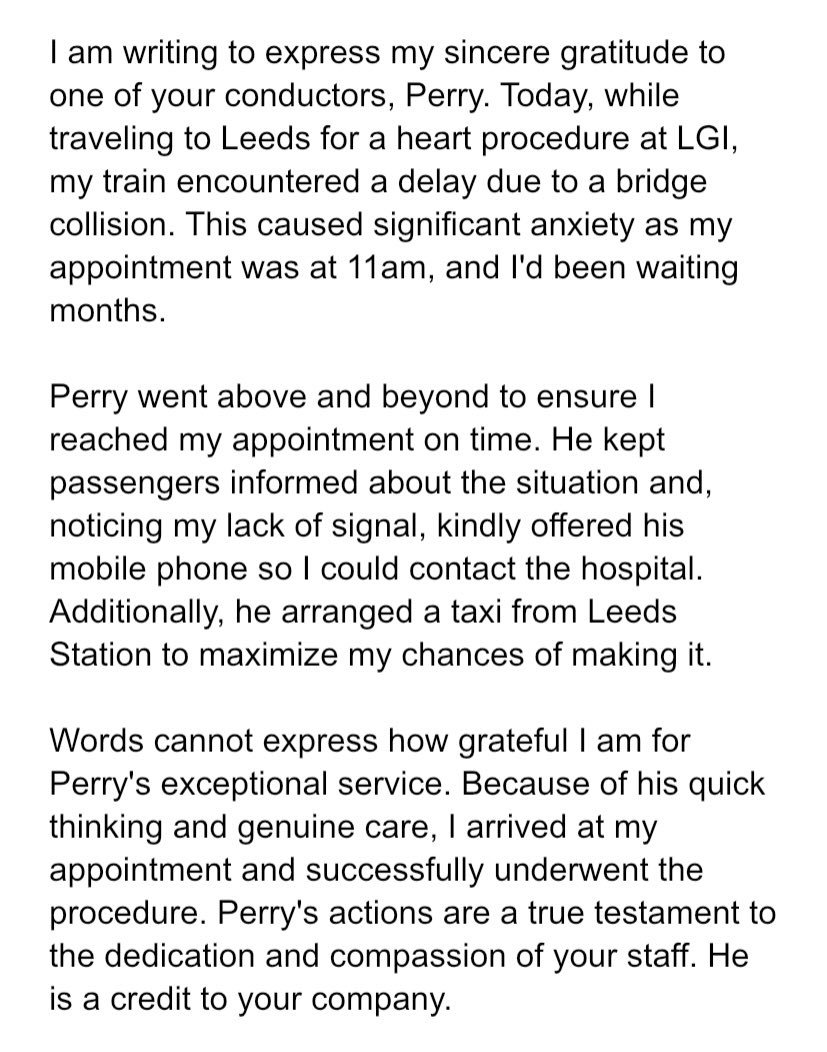 A HUGE shout out to Perry <a href="/TPExpressTrains/">TransPennine Express</a> for all he did to reassure and support me today. I hope my message finds you. #ThankYou ☺️🚈🙏🏼