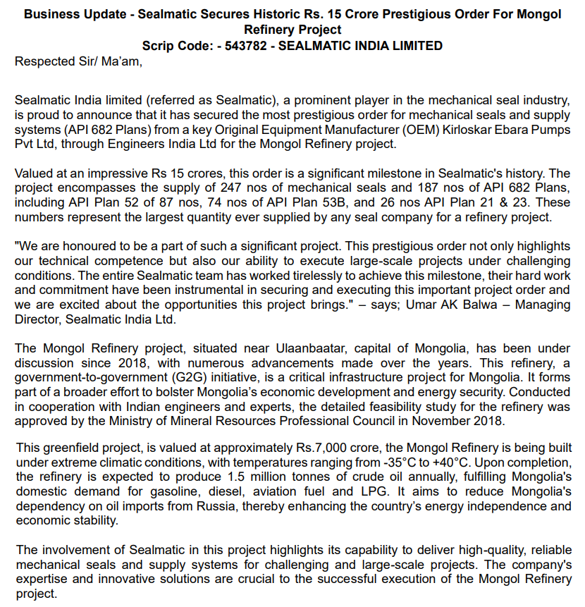 equityelephant's tweet photo. 🔧 Big win for Sealmatic India Limited! This mechanical seals manufacturer has secured a ₹15 crore order from Kirloskar Ebara Pumps Pvt Ltd, contributing to their ₹7000 crore project.
Exciting times ahead! 📈
#SealmaticIndia #StockMarket #Investing #Manufacturing #MarketNews https://t.co/iLr0aeOye9