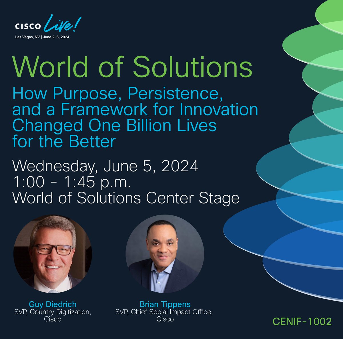 angeebarnett's tweet photo. TODAY at #CiscoLive 🎉: @Cisco's leaders @guydiedrich and @briantippens are sharing our journey to changing 1 billion lives - a milestone we've achieved ahead of schedule! Join us for an inspiring talk on innovation for social good. Don't miss out! 

👉 https://t.co/mzZQw59Diq https://t.co/hwCl1Dm5YP