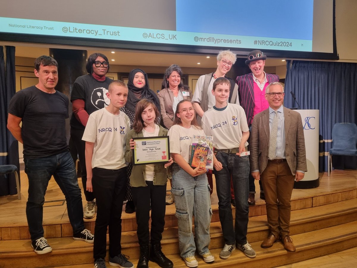 whs_schlibrary's tweet photo. What an incredible day at the National Reading Champions Quiz Grand Final!  We met some fab authors, got lots of freebies and to top it all off, we won the Best Newcomer award!  Thanks to @mrdillypresents and @ALCS_UK @Literacy_Trust for an amazing day! @WalesHigh https://t.co/HHgh8s6MfY