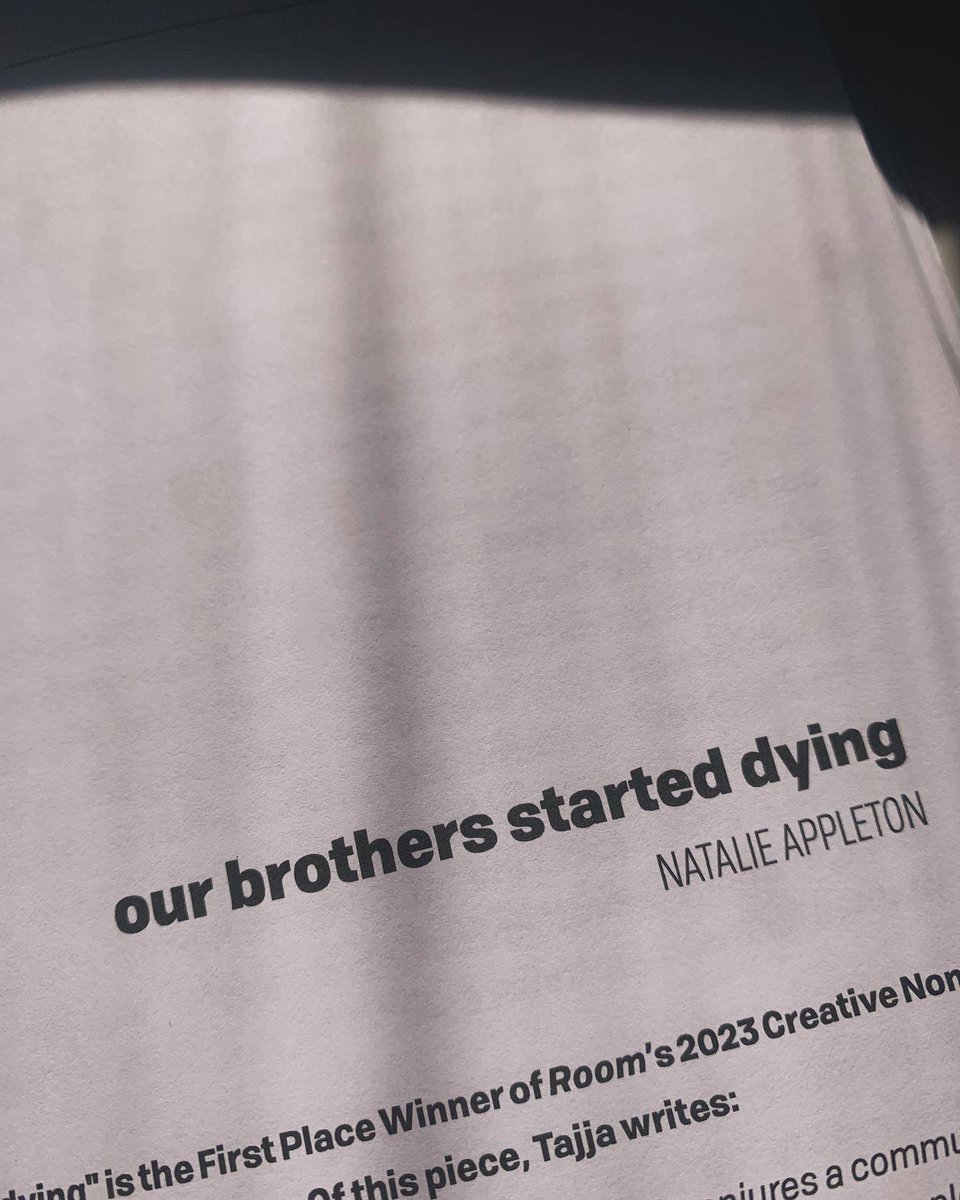 n_appleton's tweet photo. I have been sitting with this beautiful issue of @RoomMagazine for a few days, wondering, how does one share such a story, such news? 

I wrote most of ‘our brothers started dying’ on a bright June morning almost exactly a year ago. My brother was still alive… https://t.co/UiNRVlJeqY