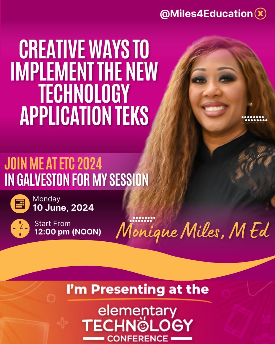 Don’t miss out on seeing <a href="/MilesOfEdTech/">EdTech Learning</a> this summer <a href="/TCEA/">TCEA</a> Elementary Technology Conference in Galveston, Tx. 👀 for my session “Creative Ways to Implement the New Technology Application TEKs”.            There is still time to sign-up sbee.link/q9gxjvc4ra