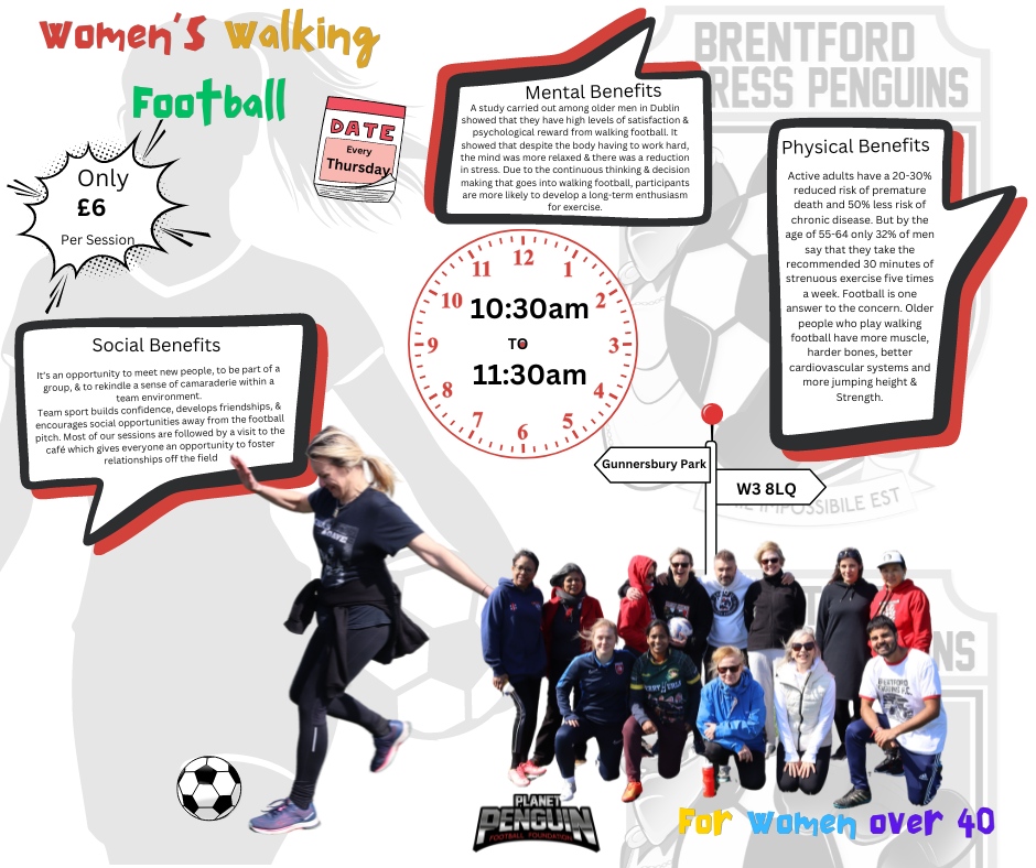 Learn a new sport, keep fit and make some new friends along the way.

🎟️ £6 per person per session
📅 Every Thursday morning
🕥 10:30 - 11:30
📍 Gunnersbury Park 

✉️Please email Vickie for more information / to sign up.
Brentfordpenguinsfc@gmail.com