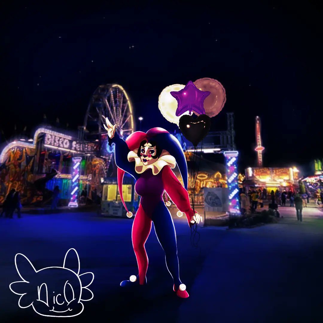 nicolechitas's tweet photo. Welcome to the Gay Carnival! Ride the rainbow road, have a taste of the fruity cotton candy, and win some queer prizes! My part of @mausinner 's pride collab. Go check out the whole collab and visit the other artists that participated! 

#clown #harlequin #carnival #digitalart https://t.co/umocHjI5fh