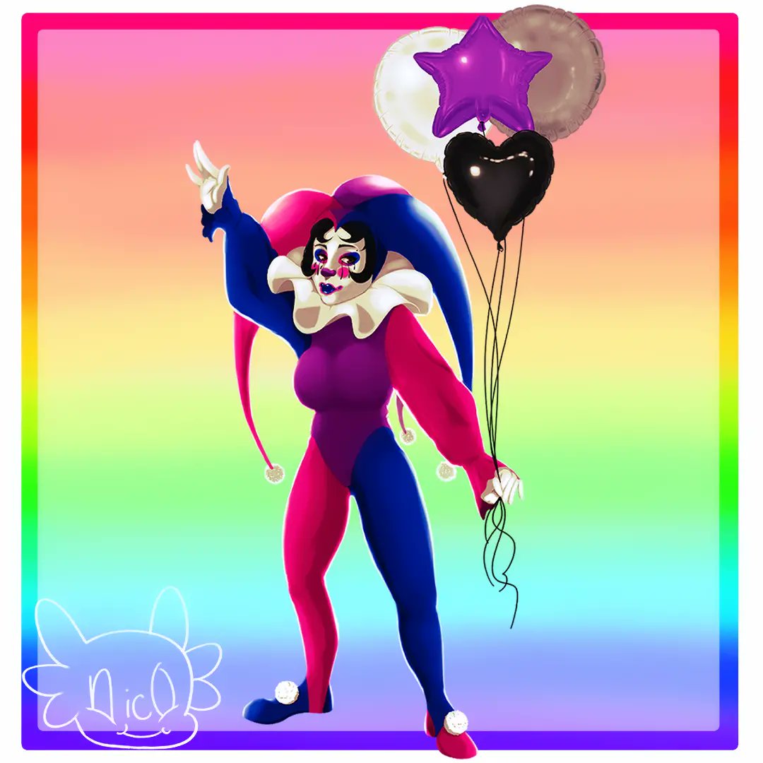 nicolechitas's tweet photo. Welcome to the Gay Carnival! Ride the rainbow road, have a taste of the fruity cotton candy, and win some queer prizes! My part of @mausinner 's pride collab. Go check out the whole collab and visit the other artists that participated! 

#clown #harlequin #carnival #digitalart https://t.co/umocHjI5fh