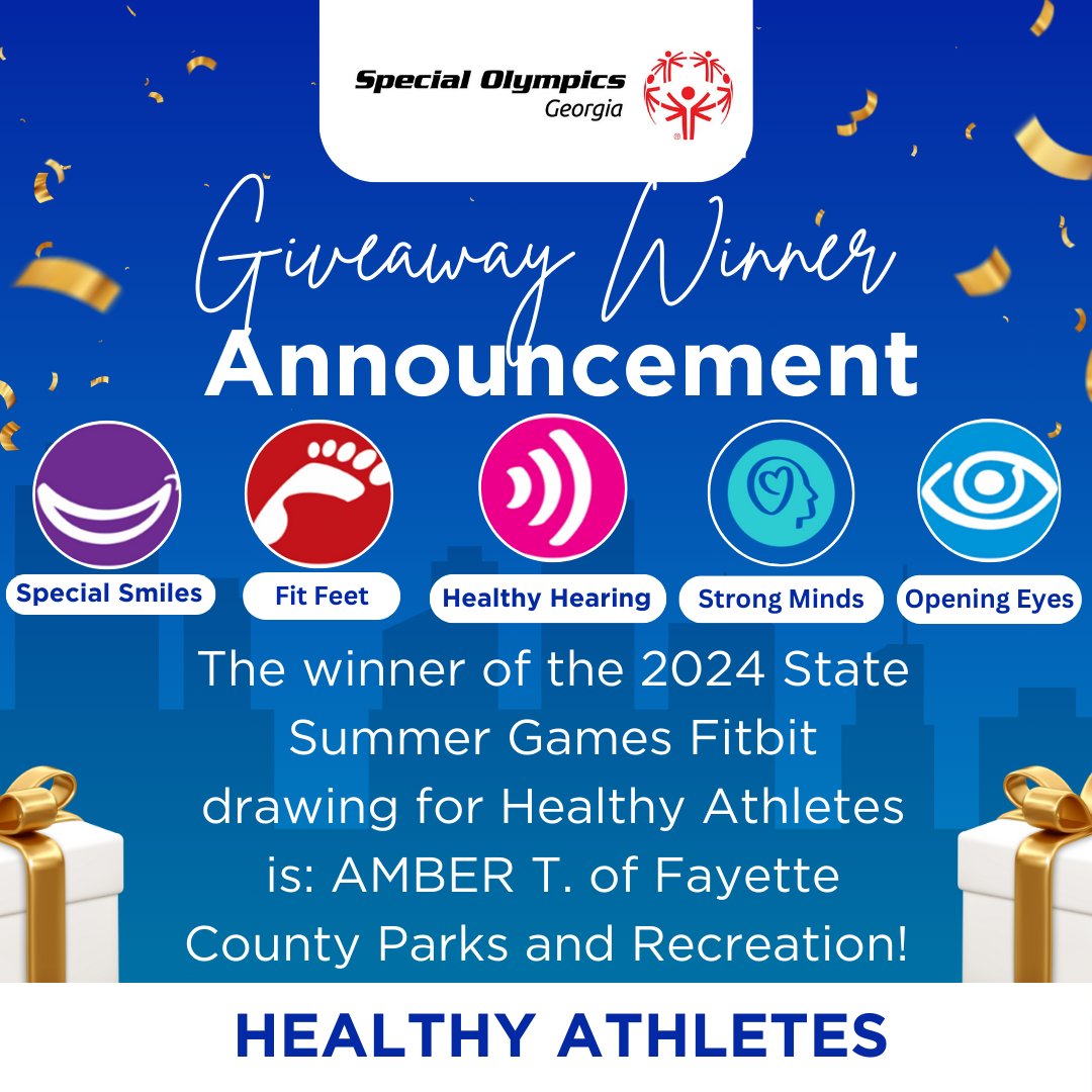 SOGAchampions's tweet photo. Congratulations are in order as we announce the WINNER of the 2024 State Summer Games, Healthy Athletes drawing!  Way to go, Amber T. of Fayette County Parks and Recreation!  Enjoy your Fitbit!
 #ChooseToInclude #HealthyAthletes #SpecialOlympicsGeorgia #SOGASummerGames https://t.co/kxWIdCgWAU