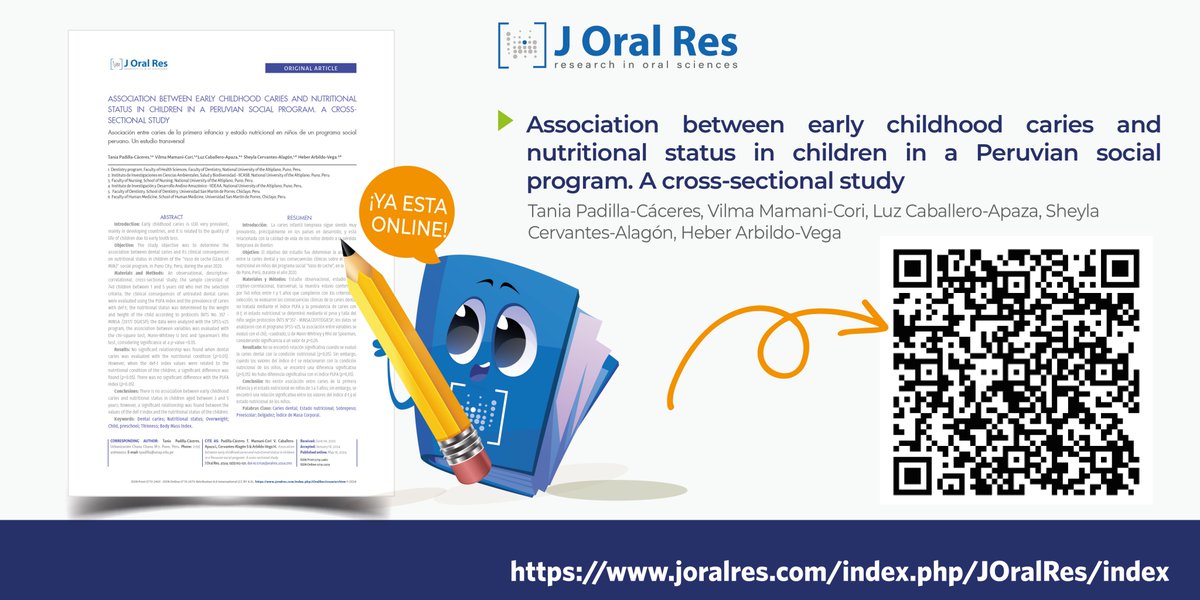 😎 ¡¡Te invitamos a leer!! "Association between early childhood caries and nutritional status in children in a Peruvian social program. A cross-sectional study", de Padilla-Cáceres T , Mamani-Cori V, Caballero-Apaza L, Cervantes-Alagón S, Arbildo-Vega H. 👉joralres.com/index.php/JOra…