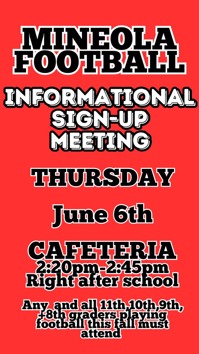 Informational Sign Up Meeting 

Thursday, June 6th 2:20-2:45pm in the Cafeteria right after school.

All students interested and returning 8th-11th graders must attend!

Go Mustangs! <a href="/CoachWienclaw/">Tim Wienclaw</a> 
<a href="/MineolaAD/">MineolaAthletics</a> <a href="/MineolaUFSD/">Mineola UFSD</a>