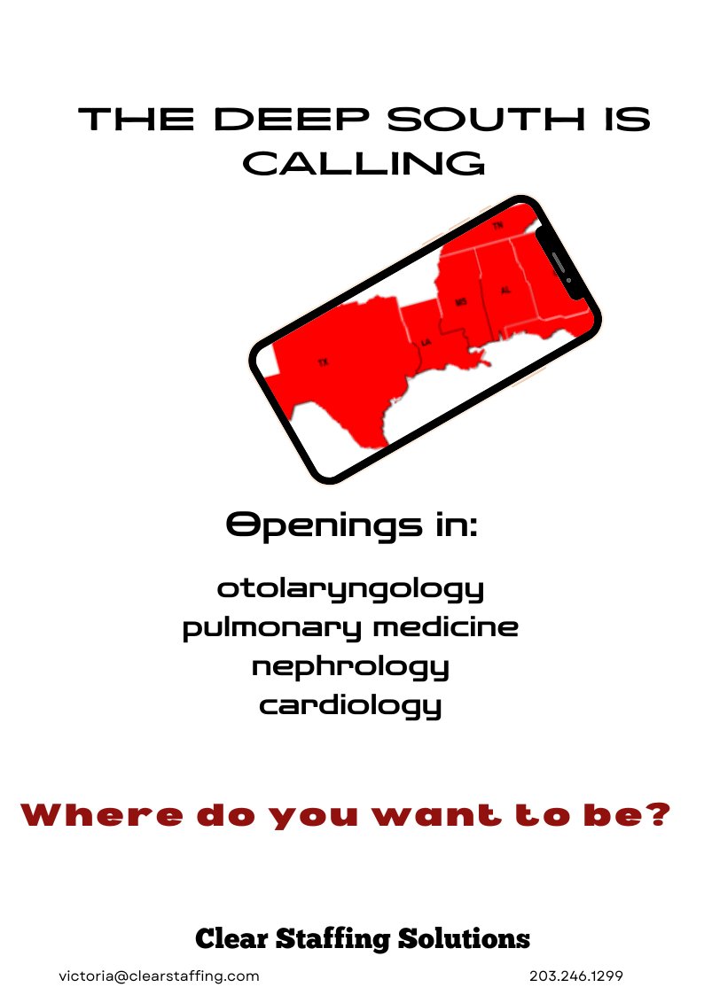 Looking for a job in #thedeepsouth? Practicing #physicians in #otolaryngology #pulomarymedicine #nephrology and #cardiology. Contact us today for more information. Victoria@clearstaffing.com #wheredoyouwanttobe