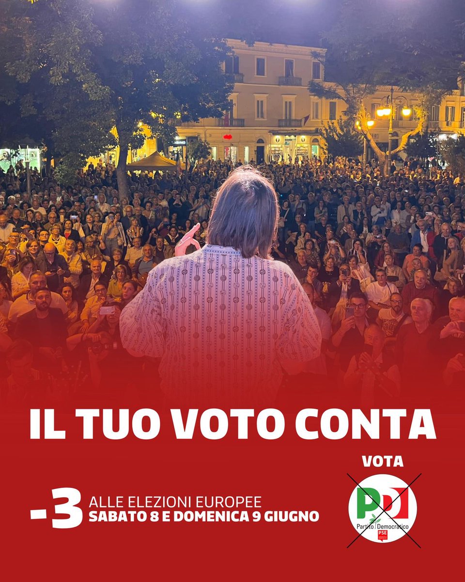 Mancano 3 giorni alle elezioni europee. 
Ogni voto conta, casa per casa, strada per strada, per il salario minimo, per la sanità pubblica, per l’Europa che vogliamo: sociale, giusta, sostenibile, di pace. 
L’8 e il 9 giugno vota Partito Democratico.
