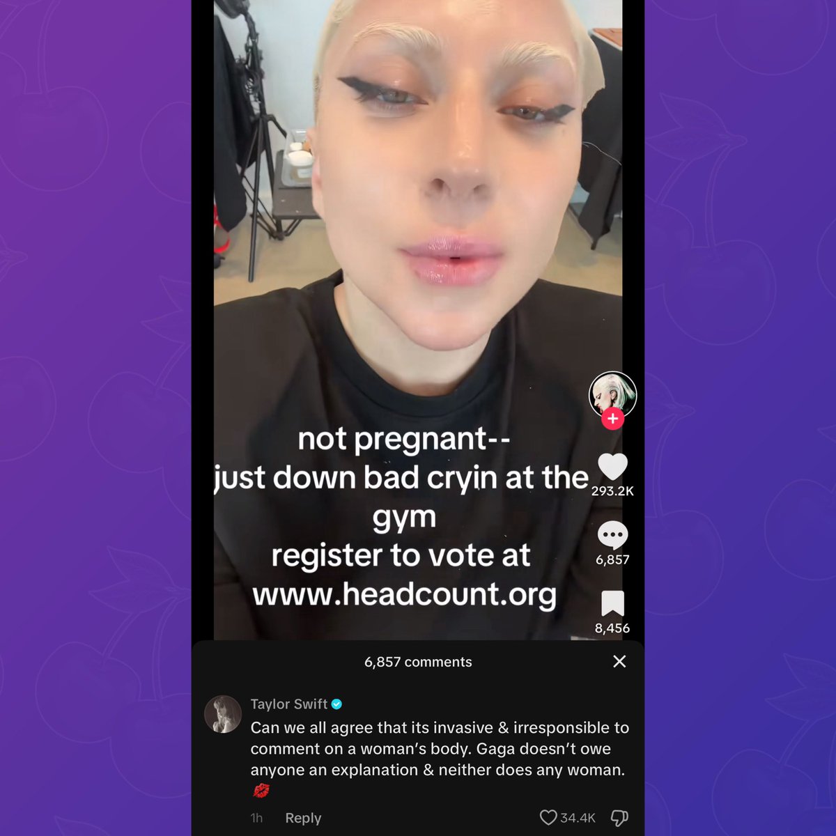 PopBase's tweet image. Taylor Swift comments on Lady Gaga’s TikTok denying pregnancy rumors:

“Can we all agree that its invasive &amp;amp; irresponsible to comment on a woman's body. Gaga doesn't owe anyone an explanation &amp;amp; neither does any woman. 💋”