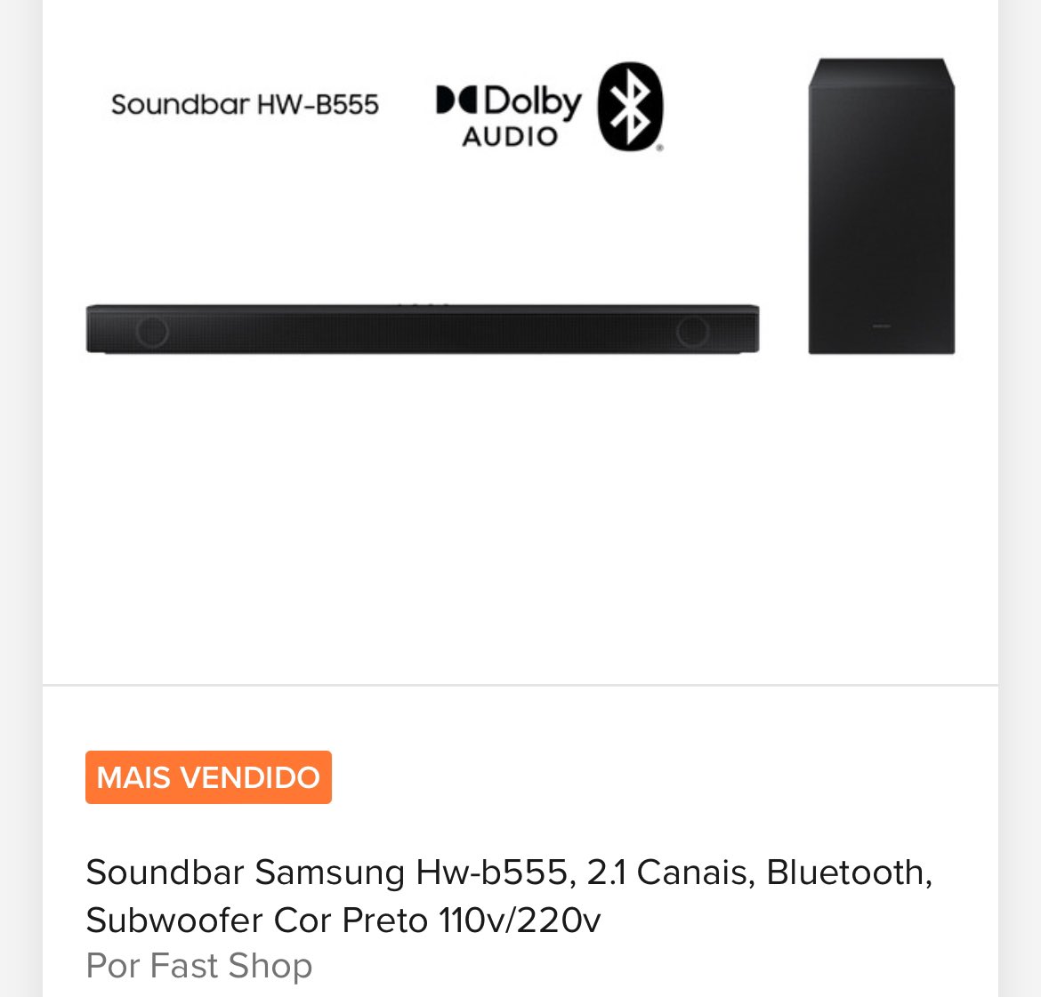 👉🏻 [#MercadoLivre] Soundbar Samsung Hw-b555, 2.1 Canais, Bluetooth, Subwoofer Cor Preto 110V/220V

💰 De: R$1.423,66
💰 Preço da oferta: R$929,05 (Use o cupom: SOHOJE20)

💻 mercadolivre.com/sec/19RGqER