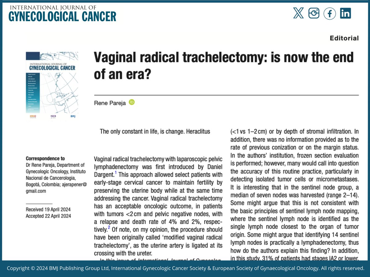 IJGConline's tweet photo. Read your #Editorial on this month's #LeadArticle by @RParejaGineOnco on #Vaginal #radical #trachelectomy @ https://t.co/PRF0hiONbz
@pedroramirezMD @HsuMd @JayrajAarthi @AndreFernandes2 @IGCSociety @ESGO_society @ENYGO_official @OncoAlert @IJGCfellows @GynMe4 https://t.co/Ca6BA1lBlD