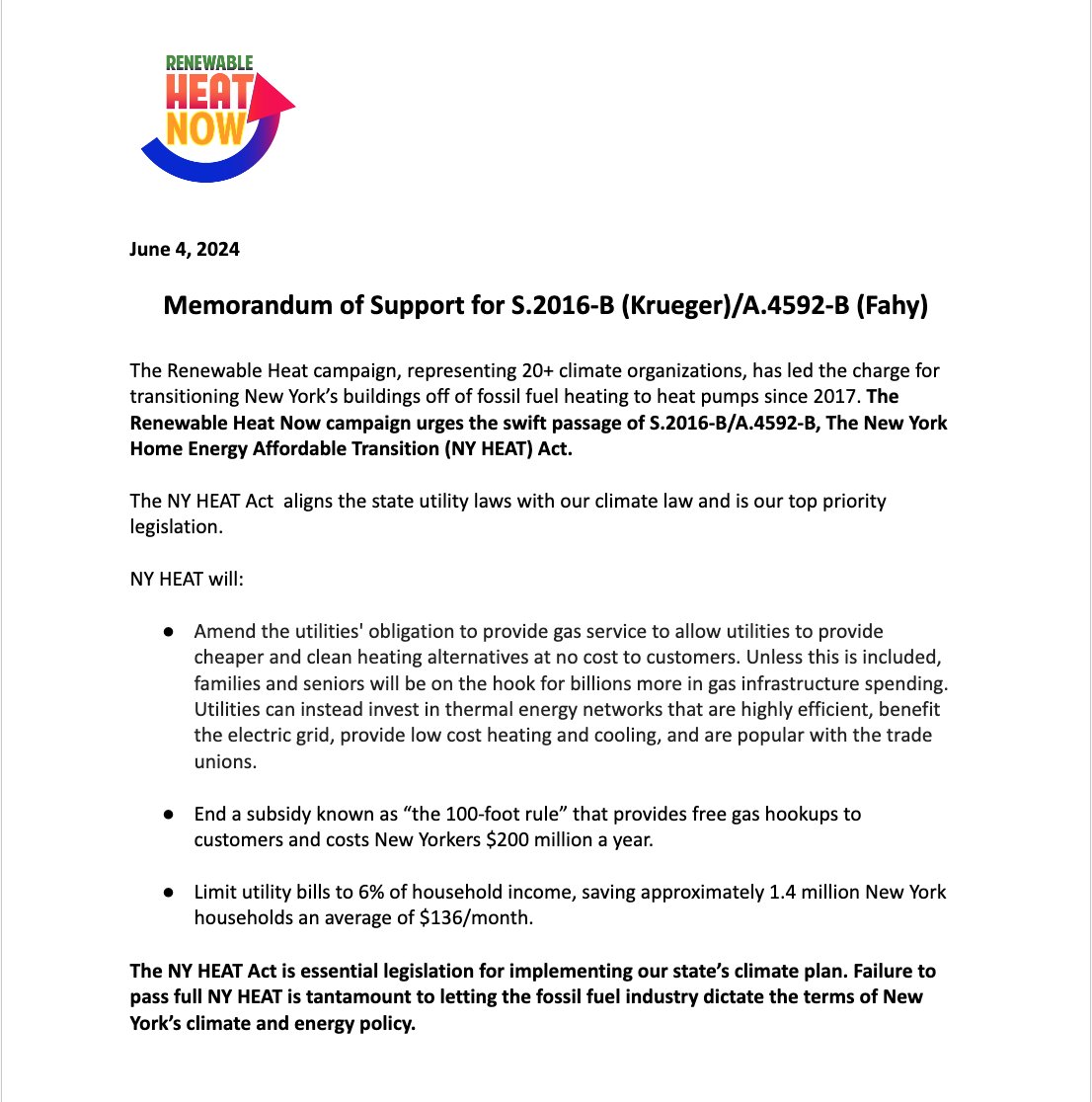 RenewablHeatNow's tweet photo. The Renewable Heat Now campaign, representing 20+ organizations, sent a memo in support of the #NYHEAT Act to the @NYSA_Majority and @GovKathyHochul.  We literally can't implement our climate plan without this crucial legislation. ⌛️Time is running out. Pass NY HEAT! https://t.co/fTIA20ag59