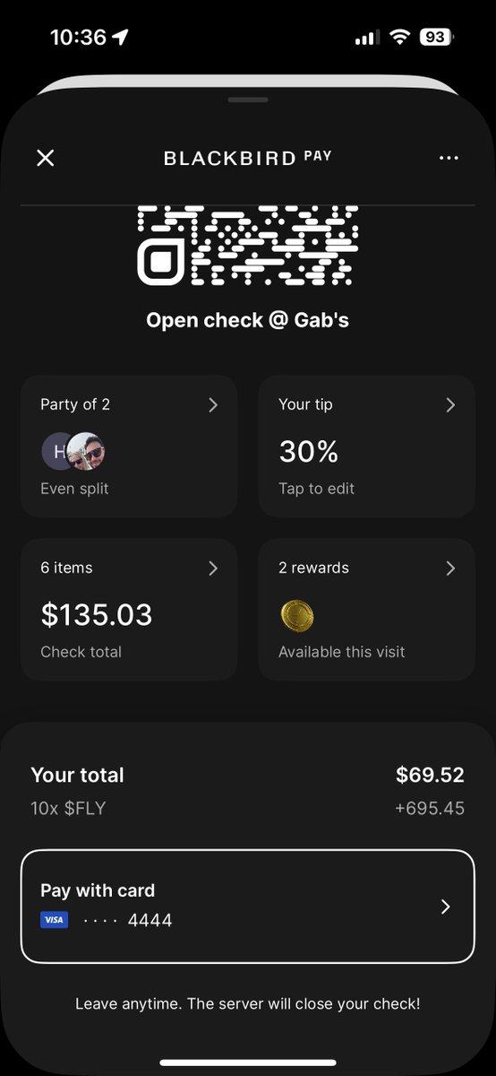 Blackbird Pay is live for testing rn. Check in, set your tip, add your friends, leave when you want. Take it for a spin and DM me your feedback and I'll drop you 2,500 FLY.