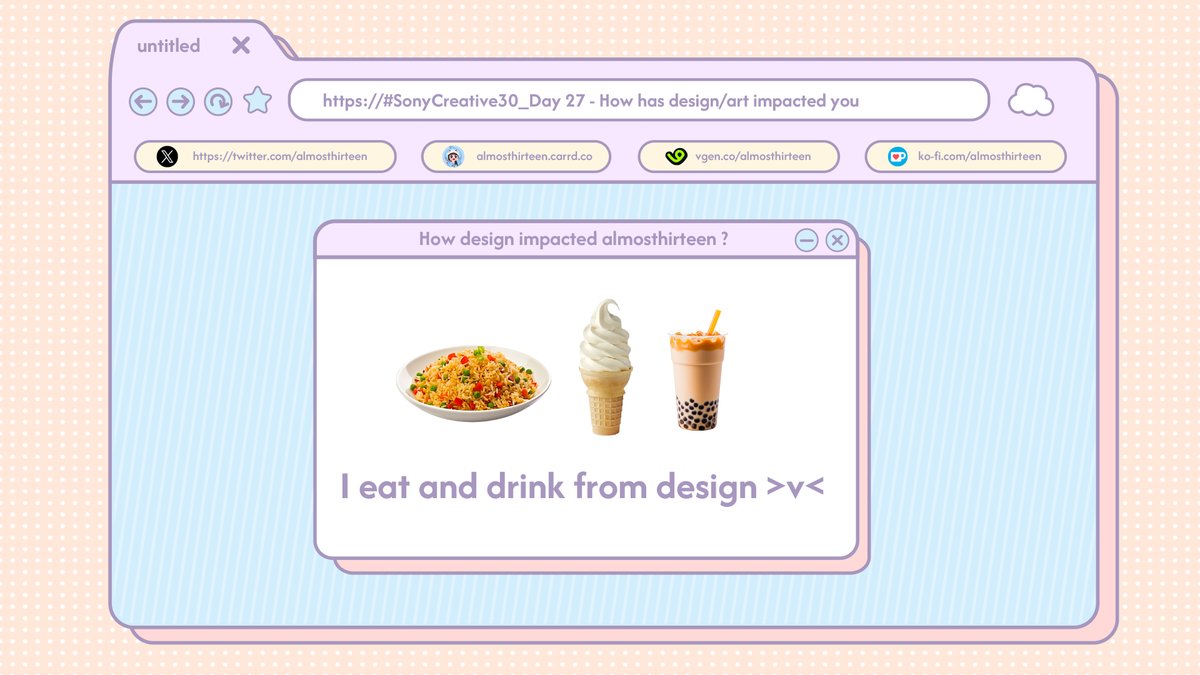 almosthirteen's tweet photo. It’s Day-27 of #SonyCreative30
How design impacted me ?
Design impacted me a lot !!! ✨
Design provide me my meals and drinks 🍲🍹😋 https://t.co/NlXO5Pk8Io