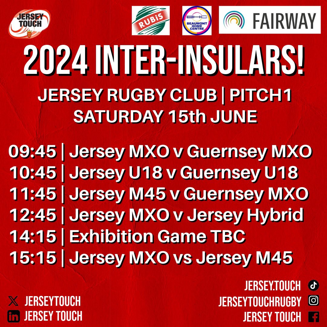 🇯🇪 2024 INTER-INSULAR SCHEDULE 🇯🇪

Come and join us on Saturday 15th June at <a href="/JerseyRFC/">Jersey Rugby Club</a> for a day of touch rugby! 

Due to travel restrictions, <a href="/GuernseyTouch/">Guernsey Touch</a> will be leaving earlier than we’d hoped, but we’ve got exhibition games all afternoon!

See you there! 🏉