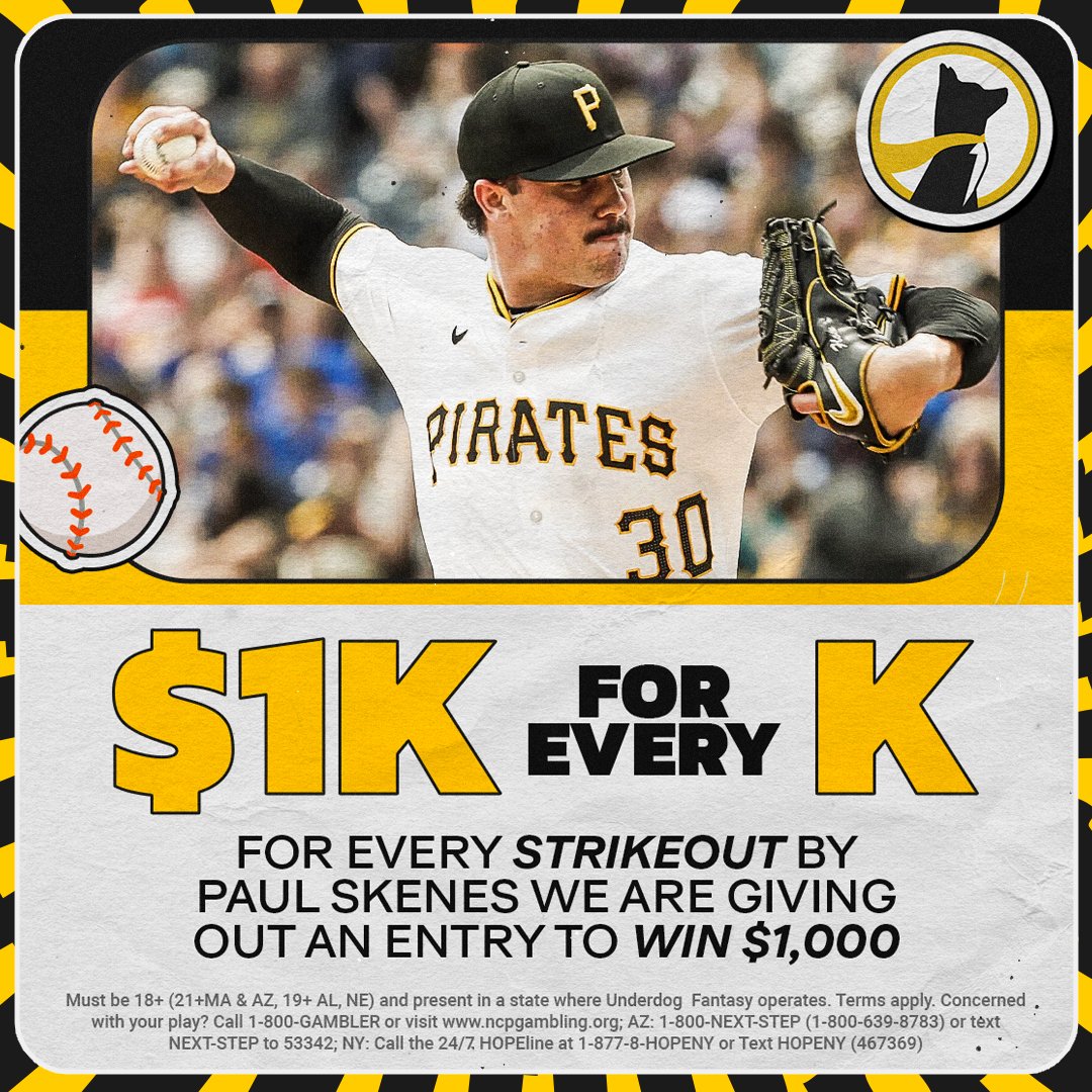 $1k for every K 💰   

We are sending an entry to win $1,000 for every strikeout Paul Skenes has today.  

To enter, repost this and reply with #UnderdogPicks and your Underdog username ✍️