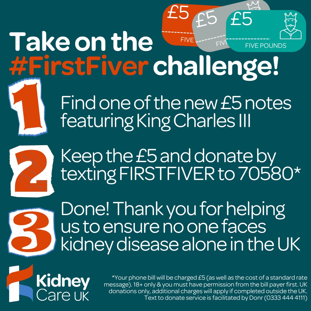 kidneycareuk's tweet image. 💷 The #FirstFiver challenge has officially begun! Ensure your new £5 note featuring King Charles III means something. Find out more: kidneycareuk.com/3wQYZUD

✅ Remember &amp;amp; use hashtag #FirstFiver alongside your donation confirmation on social media 📸