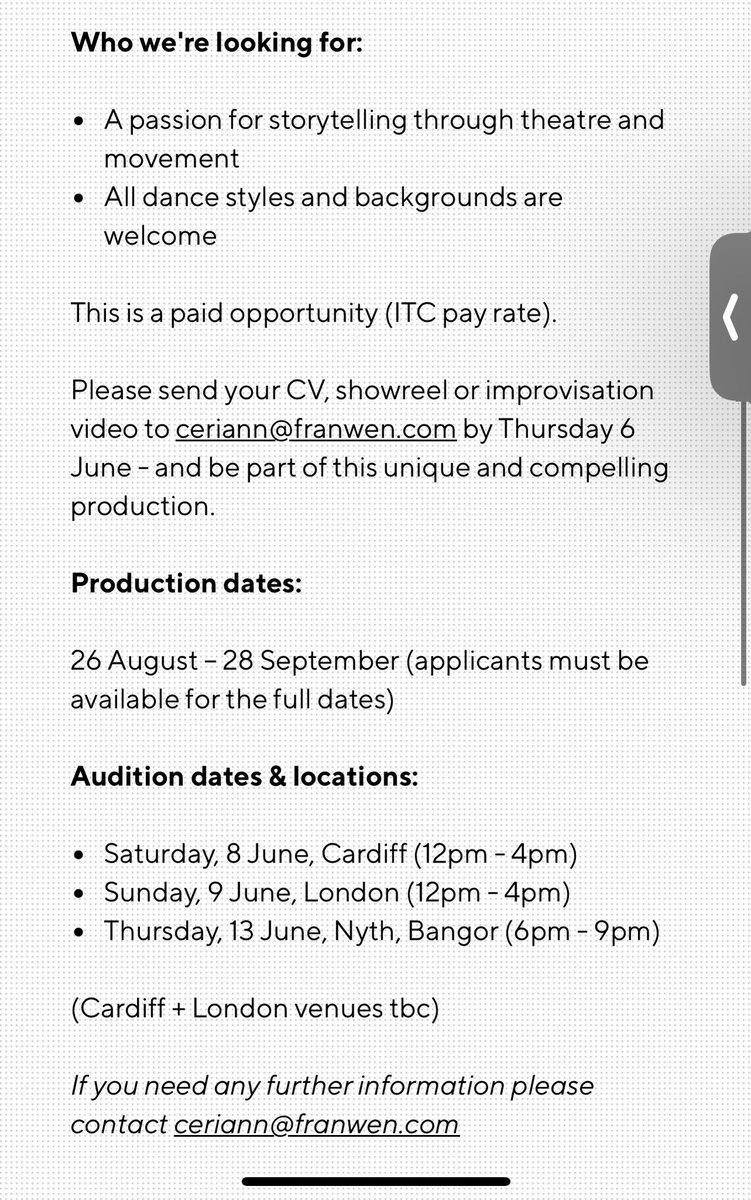 DEADLINE  TOMORROW.

✨ Open call for professional dancers ✨

Auditions for a New Production in the Autumn (26/08/24 - 28/09/24) by <a href="/CwmniFranWen/">Frân Wen</a> 

Directed <a href="/GethEvans_/">Gethin Evans</a> + <a href="/Anthony_Matsena/">Anthony John Matsena FRWCMD</a>

Auditions ⬇️

08/06 Cardiff / Cardiff
09/06 London / London
13/06 Bangor