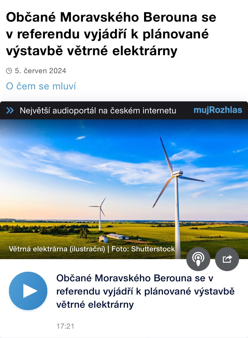 #vetrnikymoravskyberoun Poslechněte si dnešní příspěvek o #vetrnikymoravskyberoun v Českém rozhlase Olomouc olomouc.rozhlas.cz/obcane-moravsk….
Přijďte vyjádřit svůj názor v referendu 7. a 8. června 2024!