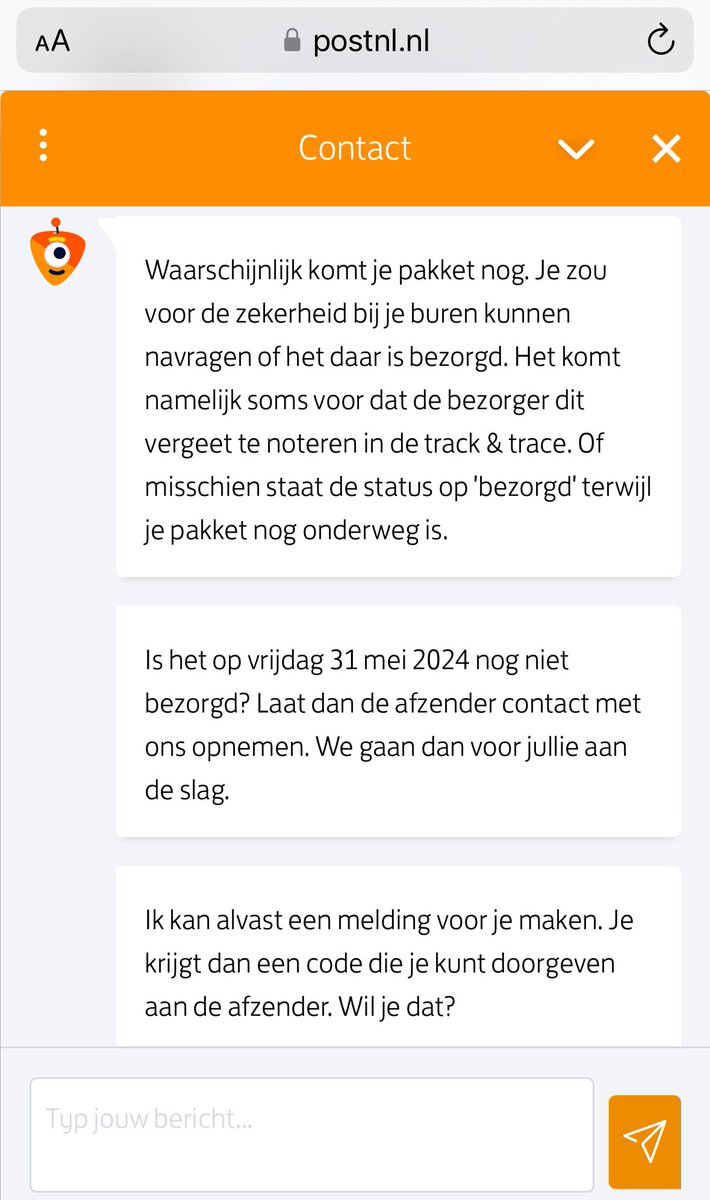 blauwwithart's tweet photo. @PostNL @PostNL hierbij de chatbot die verteld dat het niet goed gaat….. dus kwijt? https://t.co/NfUpHgrNe5