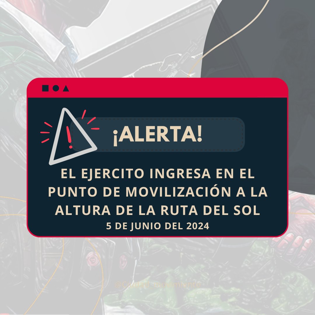 IdentiEstudiBga's tweet photo. #EmergenciaHumanitaria Denunciamos la entrada del ejército en el punto de movilización a la altura de la Ruta del Sol. Esta acción agrava la situación de emergencia humanitaria y pone en riesgo la seguridad de miles de integrantes de movimientos sociales. https://t.co/VW1b9JYMUL