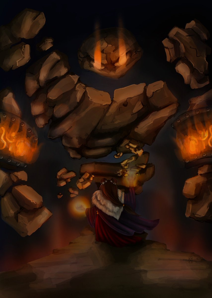 Whoops. Forgot to upload the finished piece. 🙃

An imagination of my old #shaman character from #worldofwarcraft doing what she was born to do, taming #elementals