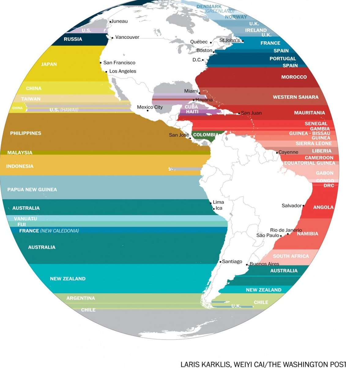 Which country is across the ocean? Check the latitudes on this #map by @‌washingtonpost to look beyond the horizon.