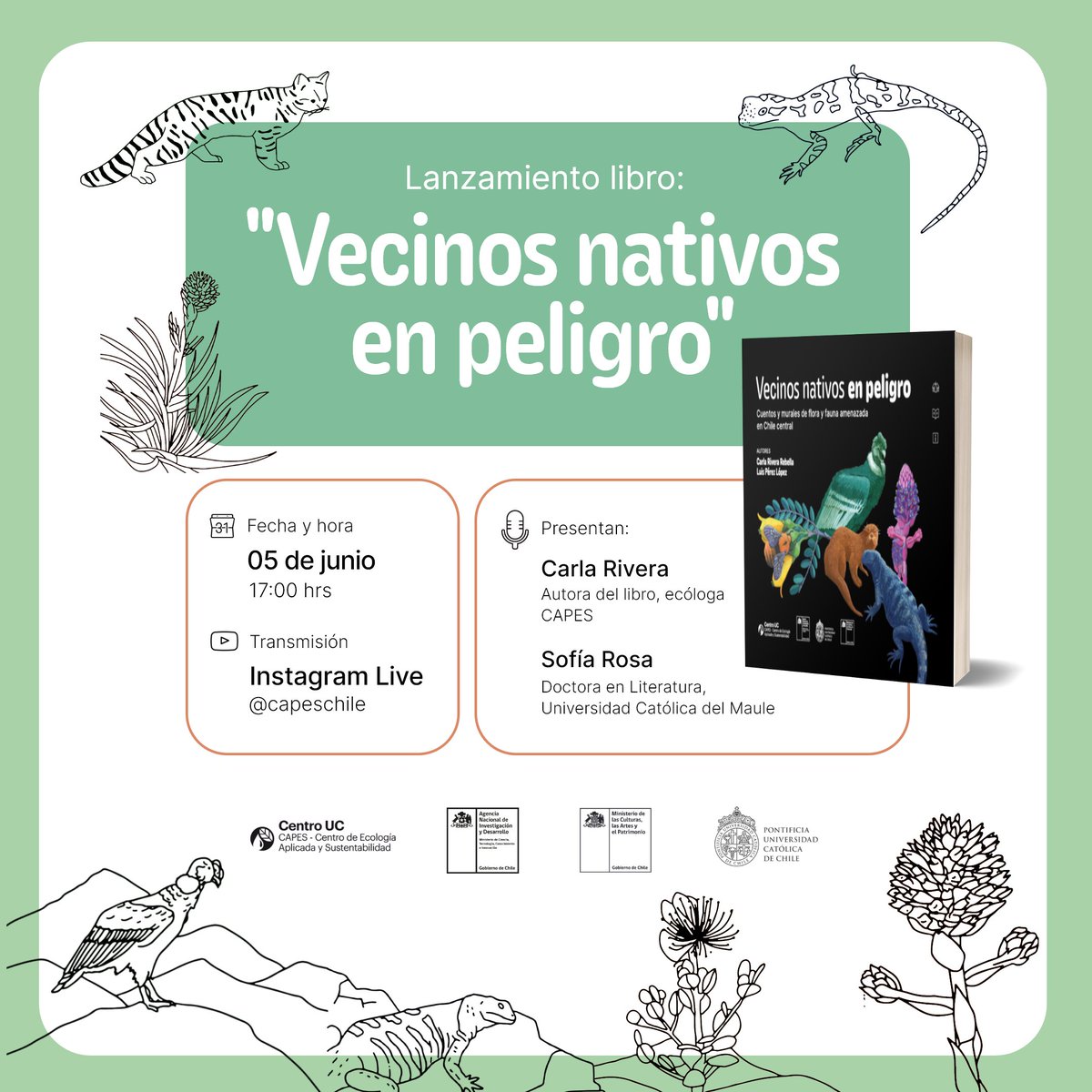 capeschile's tweet photo. 🌿En este #DíaMundialDelMedioAmbiente tod@s invitados al lanzamiento de un nuevo #libroCAPES «Vecinos nativos en peligro: cuentos murales de flora y fauna amenazada en Chile Central». Les esperamos hoy a las 17:00 en nuestro instagram @capeschile
https://t.co/Kb7azg3IVx https://t.co/y88d0UFHfR