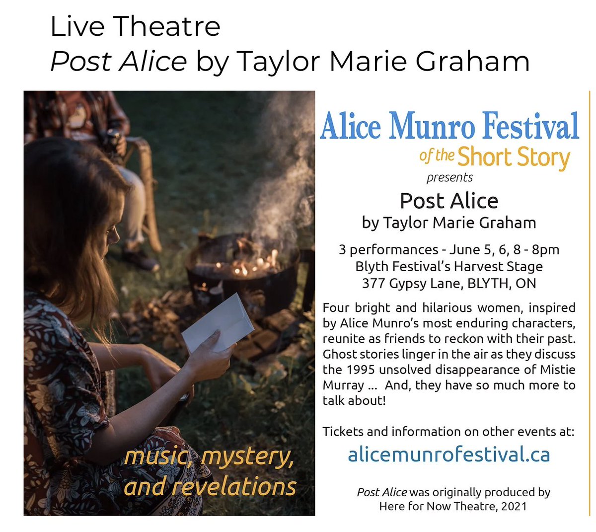 Catch a production of "Post Alice" by Taylor Marie Graham at the Alice Munro Festival of the Short Story! "Post Alice" appears in Cottage Radio &amp; Other Plays, coming this month to a bookstore near you!

To learn more and to purchase tickets, click here:

alicemunrofestival.ca/postalice?