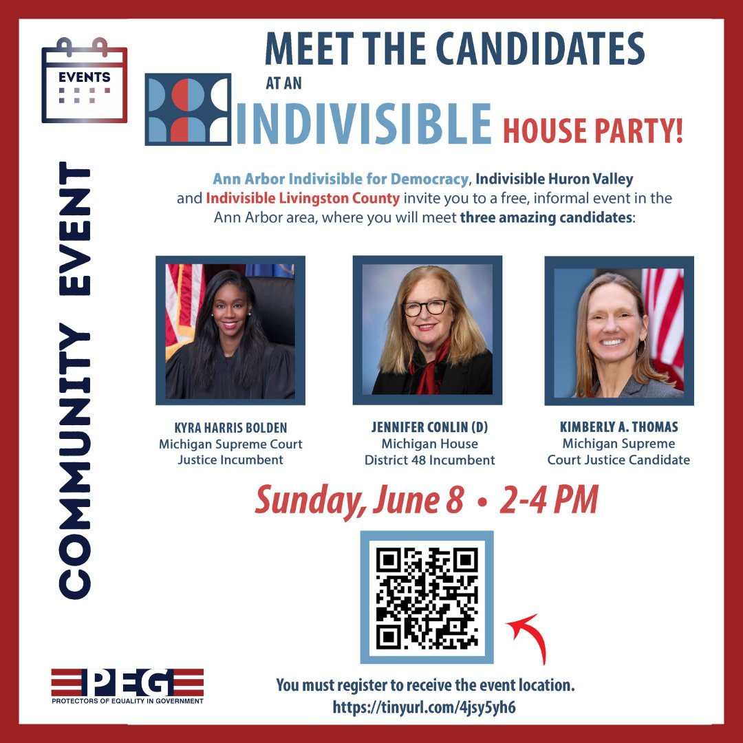 6/8 2-4P. Meet the Candidates at an Ann Arbor Indivisible for Democracy House Party feat. MI Justice Kyra Harris Bolden; State Rep. Jennifer Conlin &amp; Justice Candidate Kimberly A. Thomas. Must RSVP to attend. #Michigan #stategovernment #politics #a2indivisible #equalityingov
