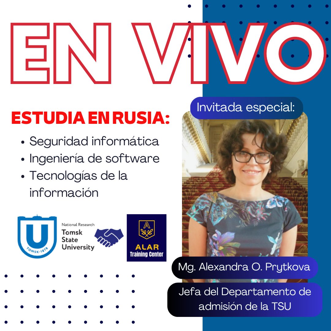 ALAR001's tweet image. Estamos EN VIVO:  Webinar gratuito para estudiar Seguridad Informática, Ingeniería de Software y Tecnologías de la Información en la Universidad Estatal de Tomsk con BECAS o precios PROMOCIONALES🇷🇺📚
📢Link: youtube.com/@ALAR0001/stre…
#ALAR #estudiar #carreras #Rusia #becas