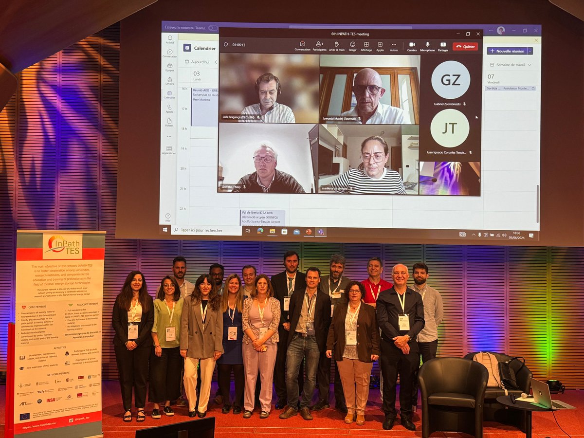 The 6th annual meeting of the @inpath_tesnetwork took place online on 5 June in Lyon and hybrid, during Enerstock 2024 conference. The network is coordinated by <a href="/greiaudl/">GREiA</a> of the <a href="/UdL_info/">Universitat de Lleida (UdL)</a> and aims to give visibility to thermal energy storage: inpathtes.eu.