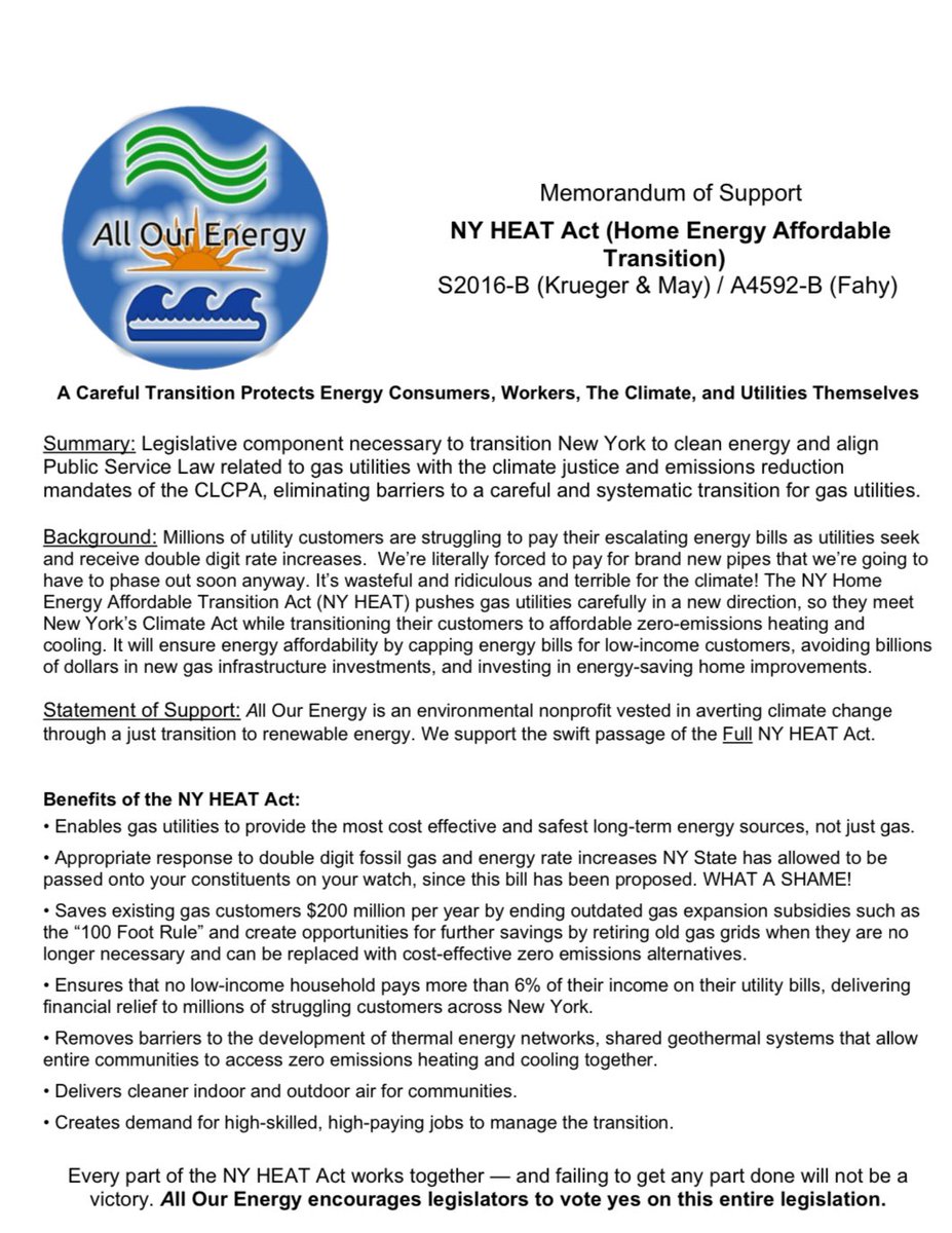 AllOurEnergy's tweet photo. All Our Energy reiterated our support this week for the #NYHEAT Act to the @NYSA_Majority and @GovKathyHochul. The NY HEAT Act means cleaner heat and lower bills and a brighter future. NY HEAT must pass this session. @CarlHeastie https://t.co/TXnQfyiEcW
