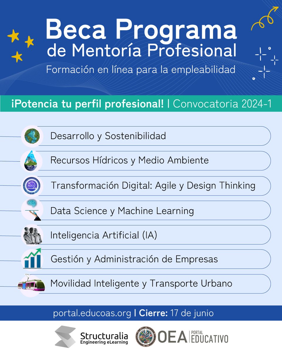 OEA_oficial's tweet photo. No dejes de consultar la oferta de cursos de Mentoría Profesional en español disponibles en el siguiente enlace: https://t.co/ZJoMnPYeqB
Al regístrate, ¡obtendrás una beca del 90% aplicable al curso que desees!
@structuralia #PortalEducativoOEA #EducaciónDigital #BecaPMP https://t.co/pb8HwQKNLY