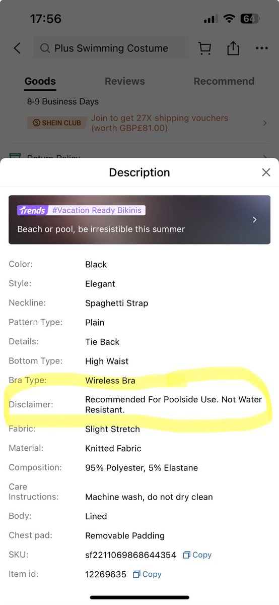 lemms1984's tweet photo. @SHEIN_Official what an actual joke! Buy swimwear for my holiday which is non refundable &amp; have to find out via TikTok this is apparently “swimwear” you can’t actually swim in!!! https://t.co/ndU4AHGl2L
